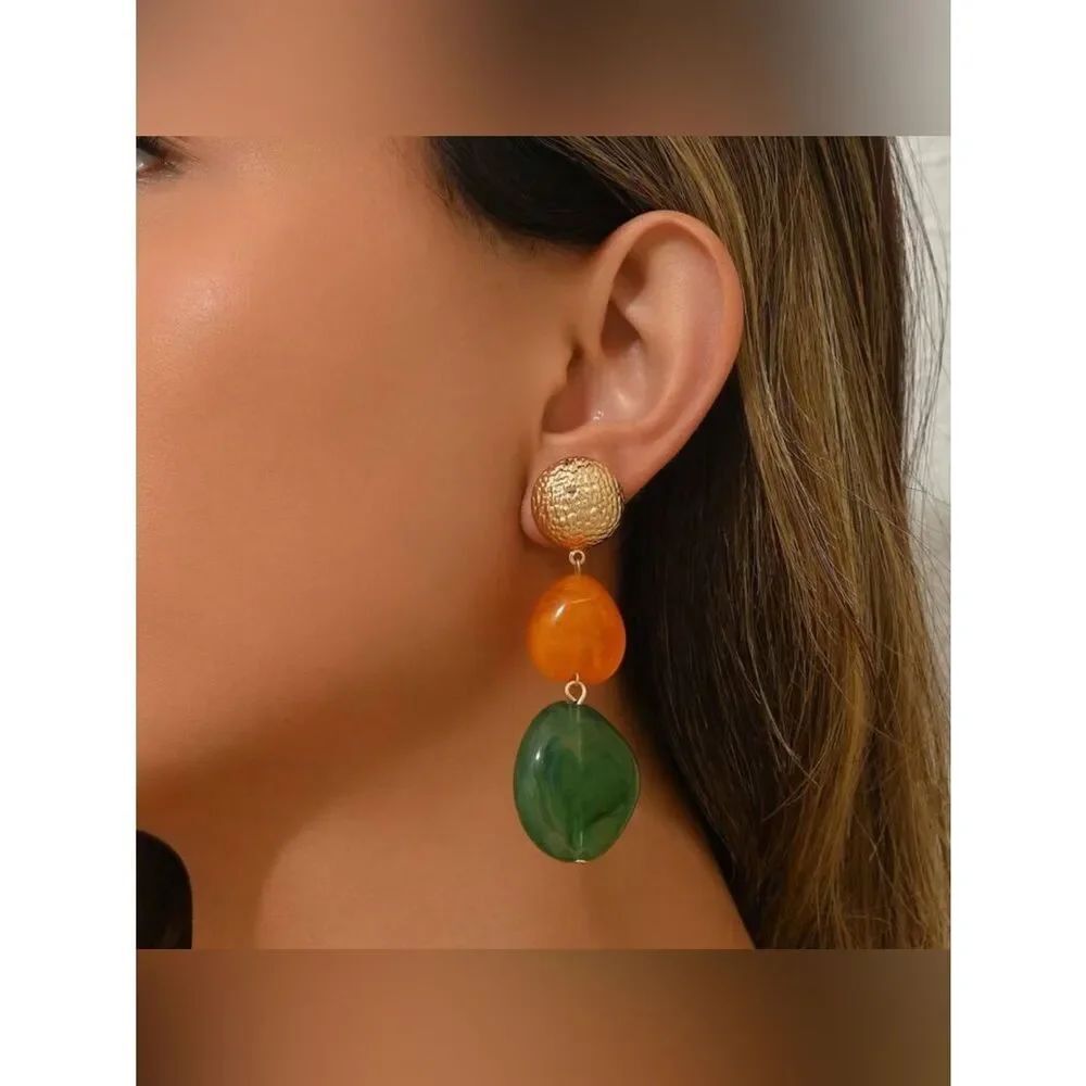 Statement orange green drop earrings A2050
